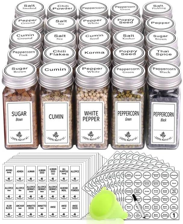 SWOMMOLY 25 Glass Spice Jars with 703 Spice Labels
