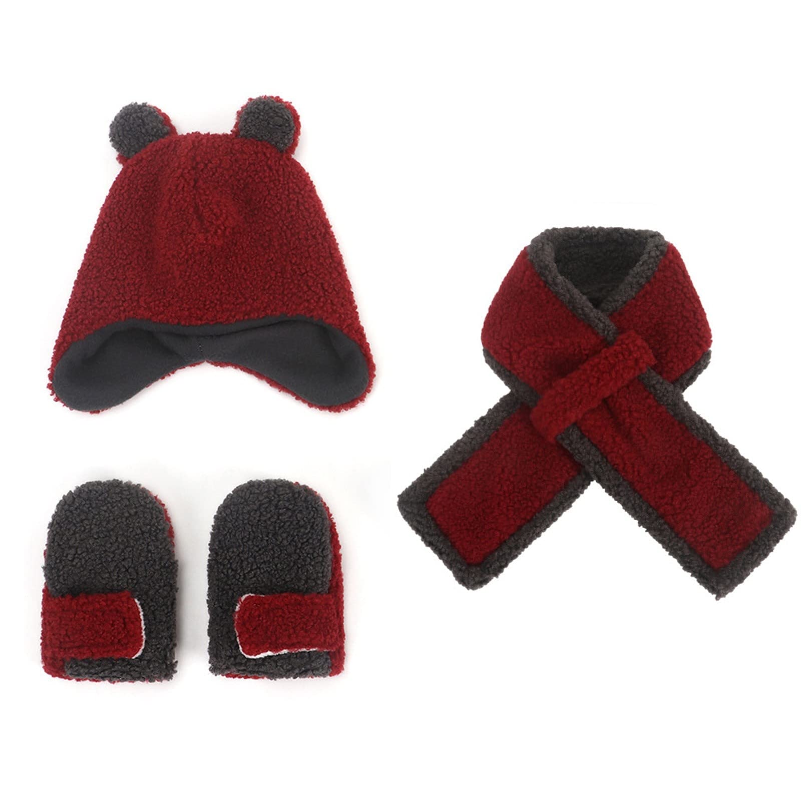 Conjunto de tres piezas de invierno para niños: gorro, guantes, bufanda y capucha.