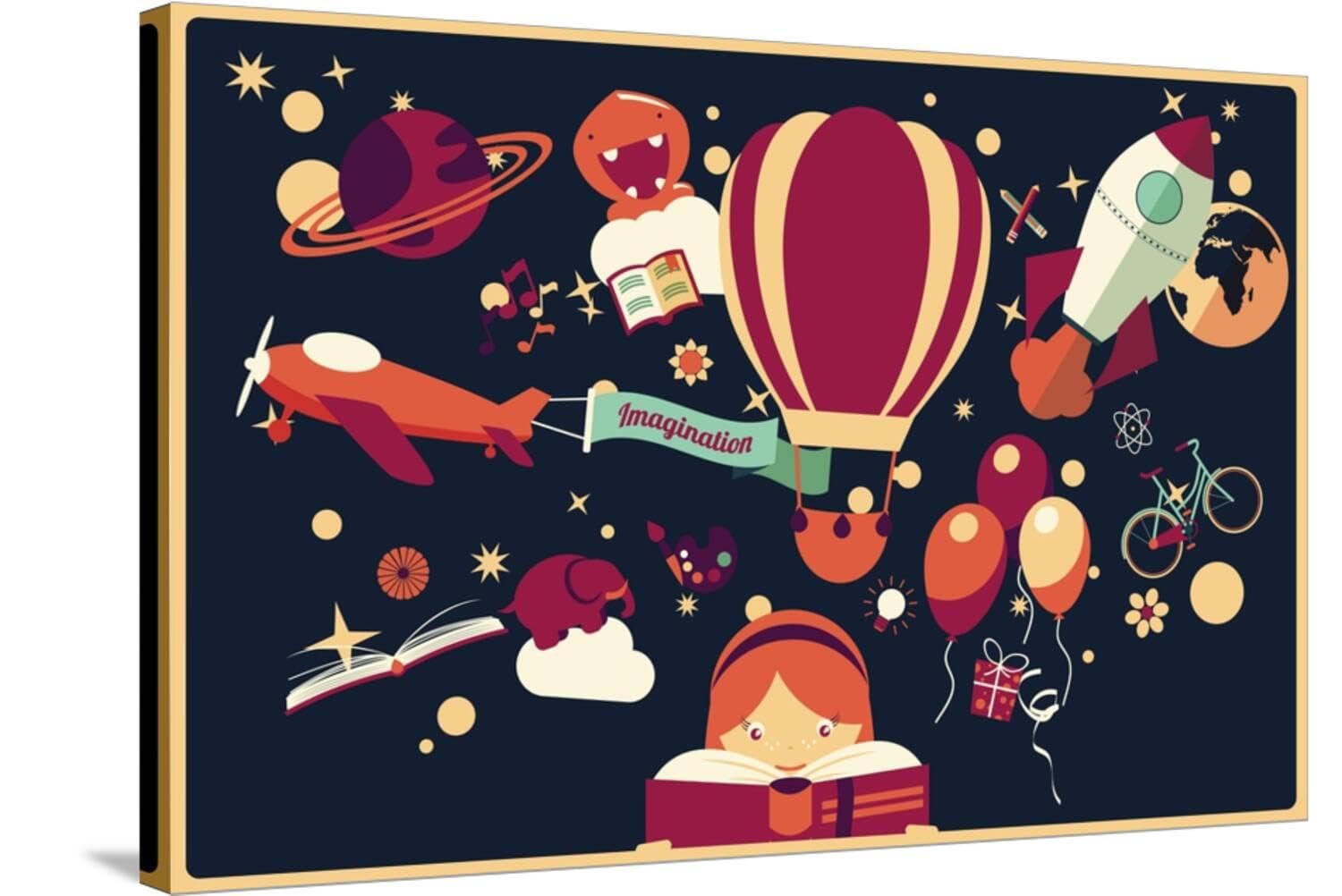 ART.COM Stretched Canvas Print Imagination Concept - Girl Reading a Book with Air Balloon, Rocket and Airplane Flying Out, Night S by BlueLela, 36" x