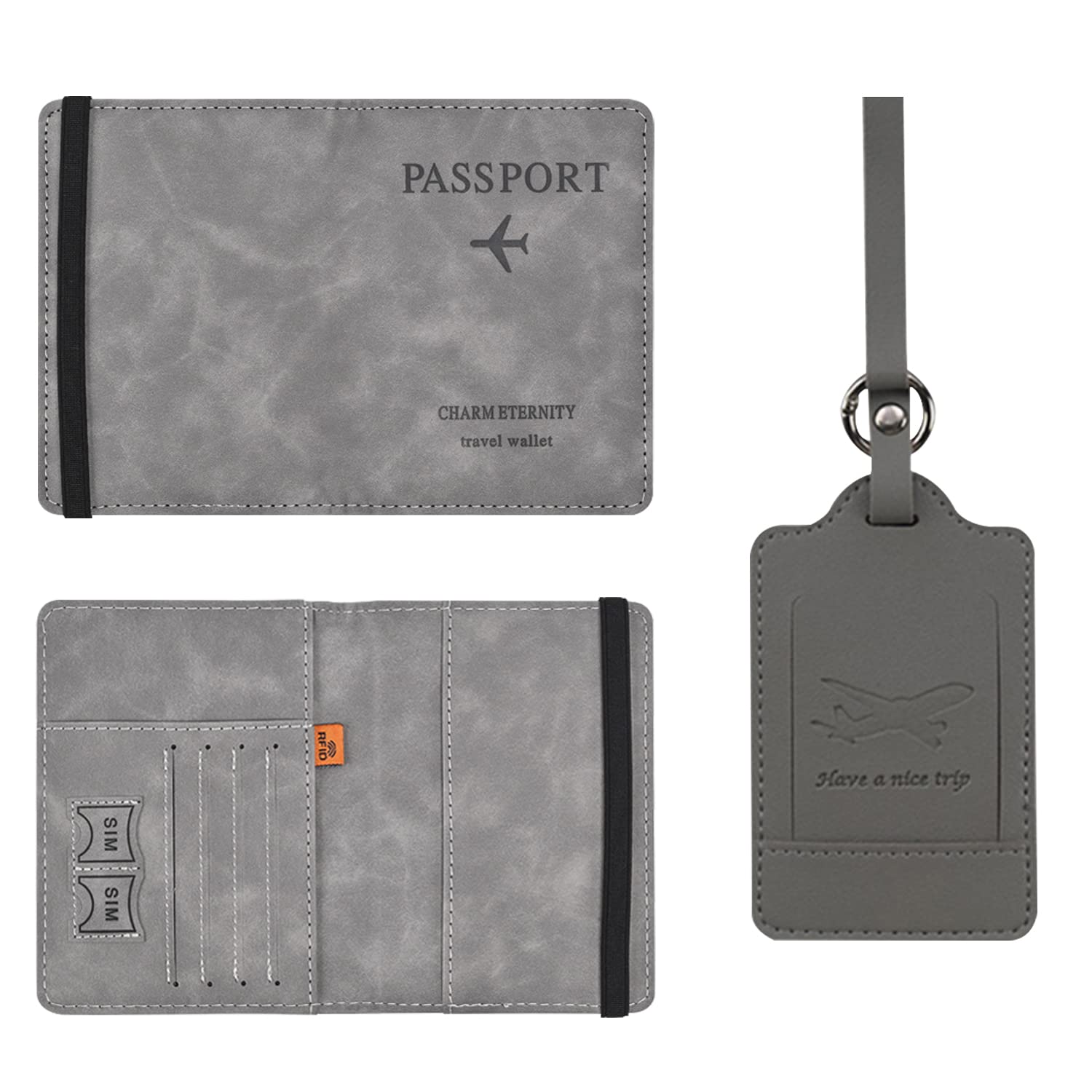 TIANNAIT1 Piece Leather Passport Case, with 1 Piece Luggage Tag, Document Storage Bag with RFID Blocker, for Storing Vaccination Cards, Passports, Boarding Passes, Credit Cards, ID Cards (Grey),