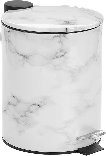 mDesign Round Pedal Bin  5 L Metal Waste Bin with Pedal, Lid and Plastic Bucket Insert  Household Rubbish Bin for Bathroom, Kitchen and Office  Marble Print