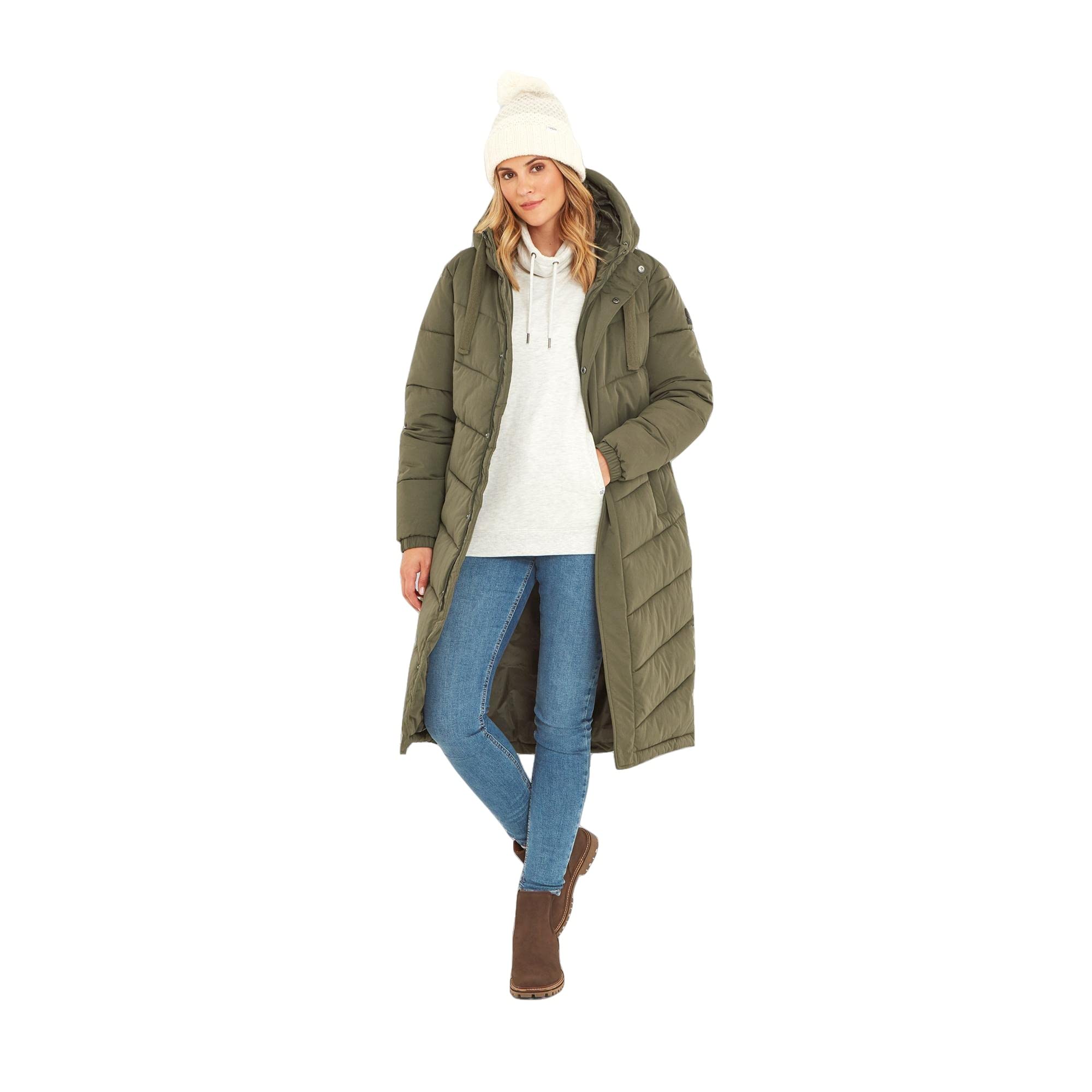 Tog24 Women's Khaki Raleigh Quilted Puffer Extra Long Coat For Winter With Fixed Hood, Two Way Zip And Recycled Thermal Filling