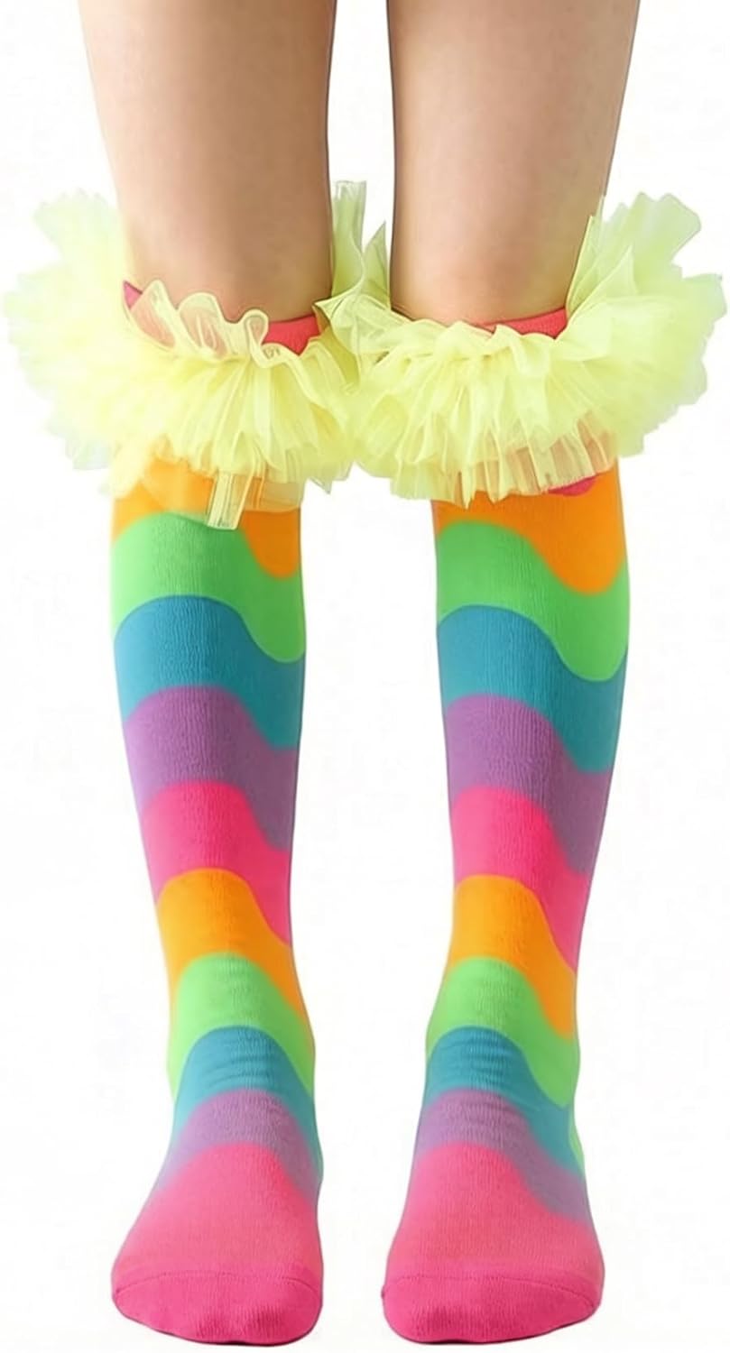 Girls Knee High Rainbow Socks with Lace Funky Colorful Stripe Socks for Kids Women Cute Funny Crazy Sock for Gifts