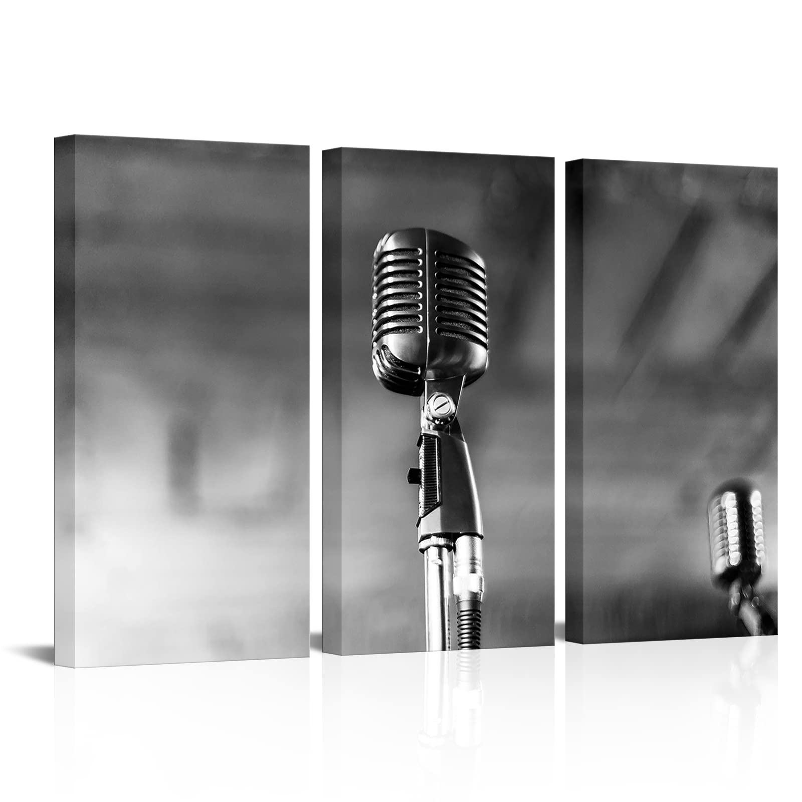 BPA Music Canvas Wall Art Prints Black and White Microphone Decor Picture Musical Poster Studio Room Band Decor Framed 16x32inchx3 Panels