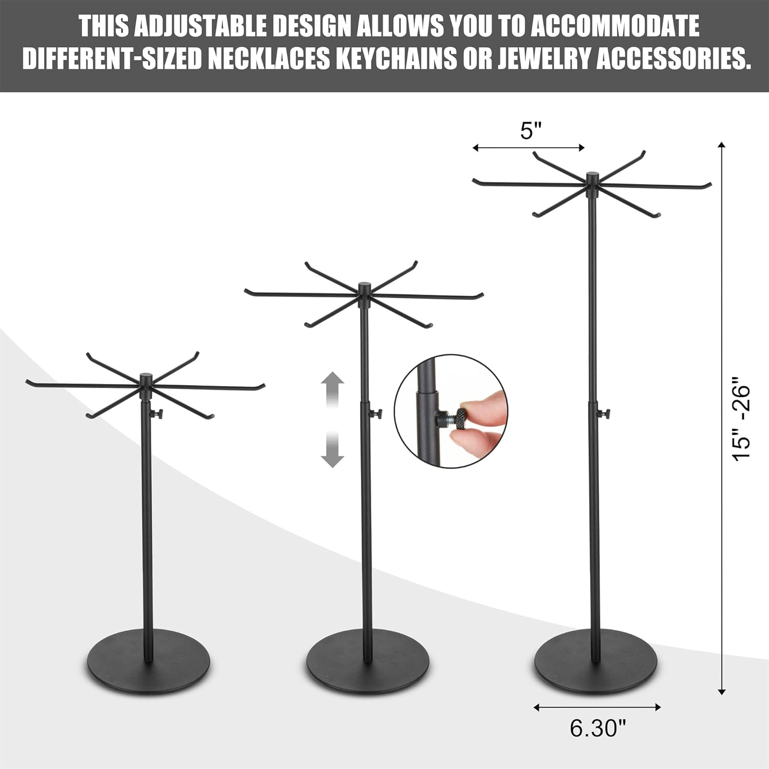 Spinning Jewelry Display Stand - Set of 2 Rotating Keychain Display Stand - Adjustable Height Hanging Jewelry Organizer - Countertop Tall Necklace Jewelry Display for Vendors (Matte Black)