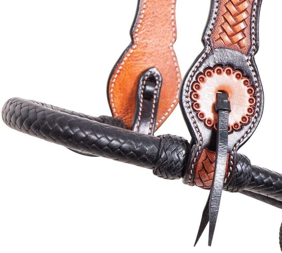Schneiders Double S Tooled Browband Bosal Set | Complete Equestrian Set | 2-Tone Tooled Design | Adjustable Bridle | Soft Leather-Wrapped Bosal | Quality Poly Rope Mecate