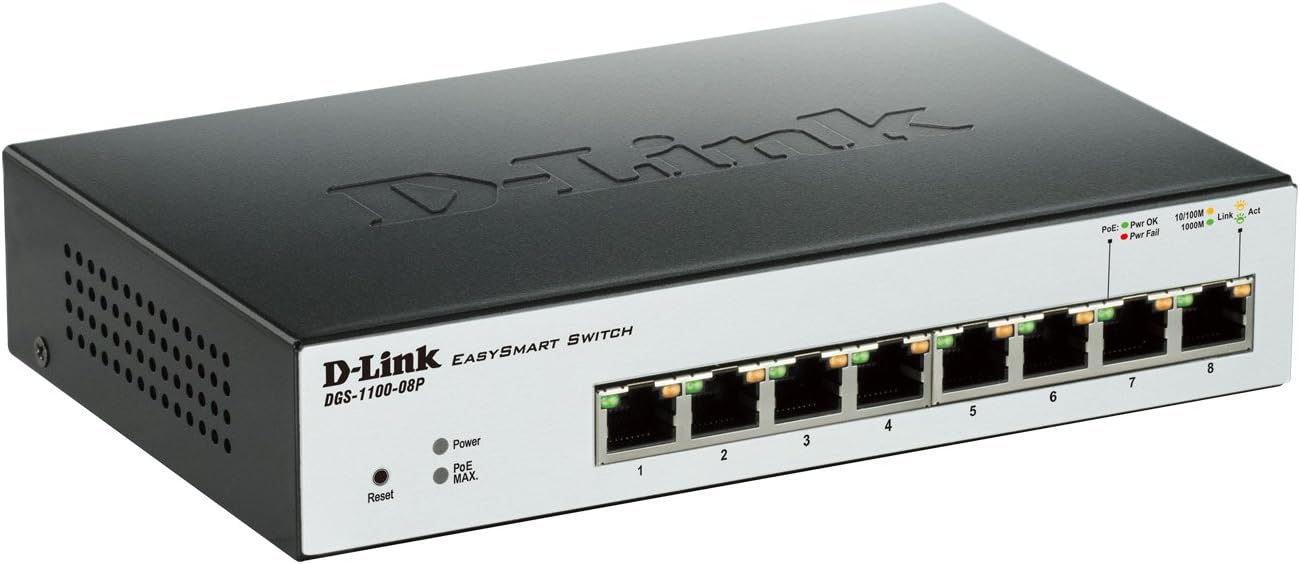 D-Link PoE Switch, 8 Port Smart Managed Gigabit Ethernet Layer 2 VLAN Control (DGS-1100-08P)