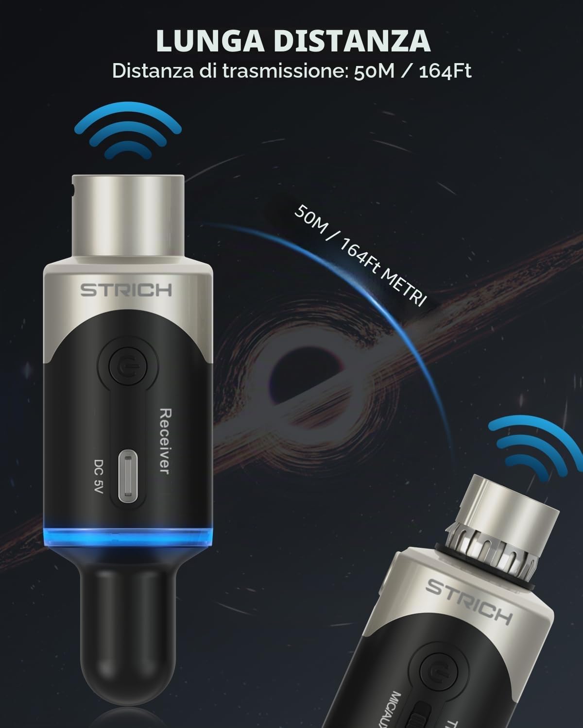 STRICH M5 Sistema Microfonico Wireless UHF XLR, Trasmettitore & Ricevitore 4 Canali per Microfono Dinamico, Raggio 61m, Latenza ＜1ms, Compatibile con Mixer Audio/Lautspeaker PA