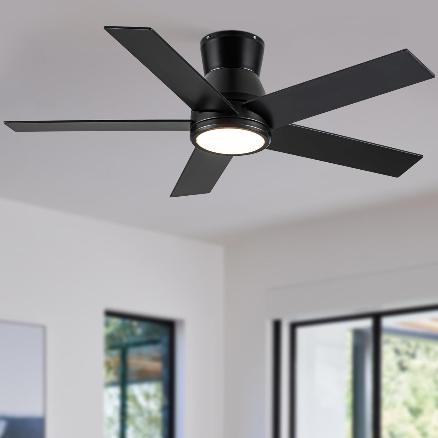 52" Black Low Profile Ceiling Fan with Light, Quiet DC Motor, Energy Saving, Bedroom, Night Light Mode, Memory Function