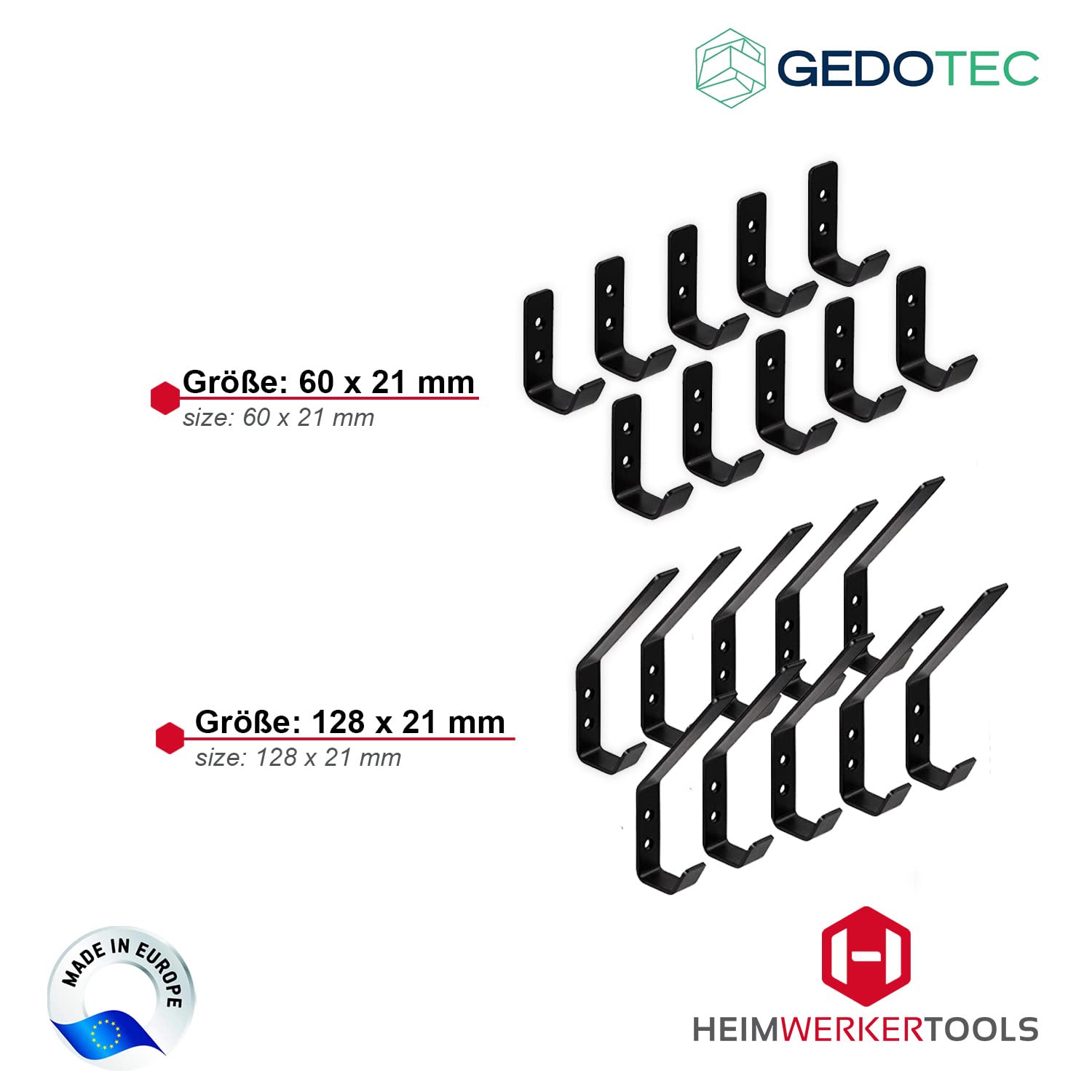 GedoTec Moderner Design Wand-Garderobe groß Garderobenhaken | 10 Stk. Metall Kleiderhaken schwarz matt | SANDRA | Haken Stahl schwarz matt | Wandhaken zum Schrauben | Mantelhaken für die Wand-Montage