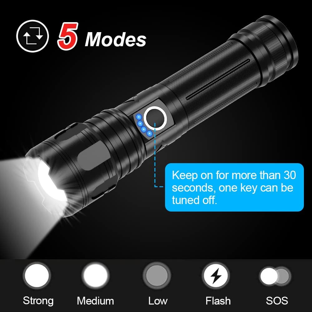 Rechargeable High Lumens Flashlight, Super Bright Zoomable IPX5 Waterproof LED Flashlight with 5000mAh Batteries Included & 5 Modes, Powerful Handheld Flashlight for Camping Emergencies - - 