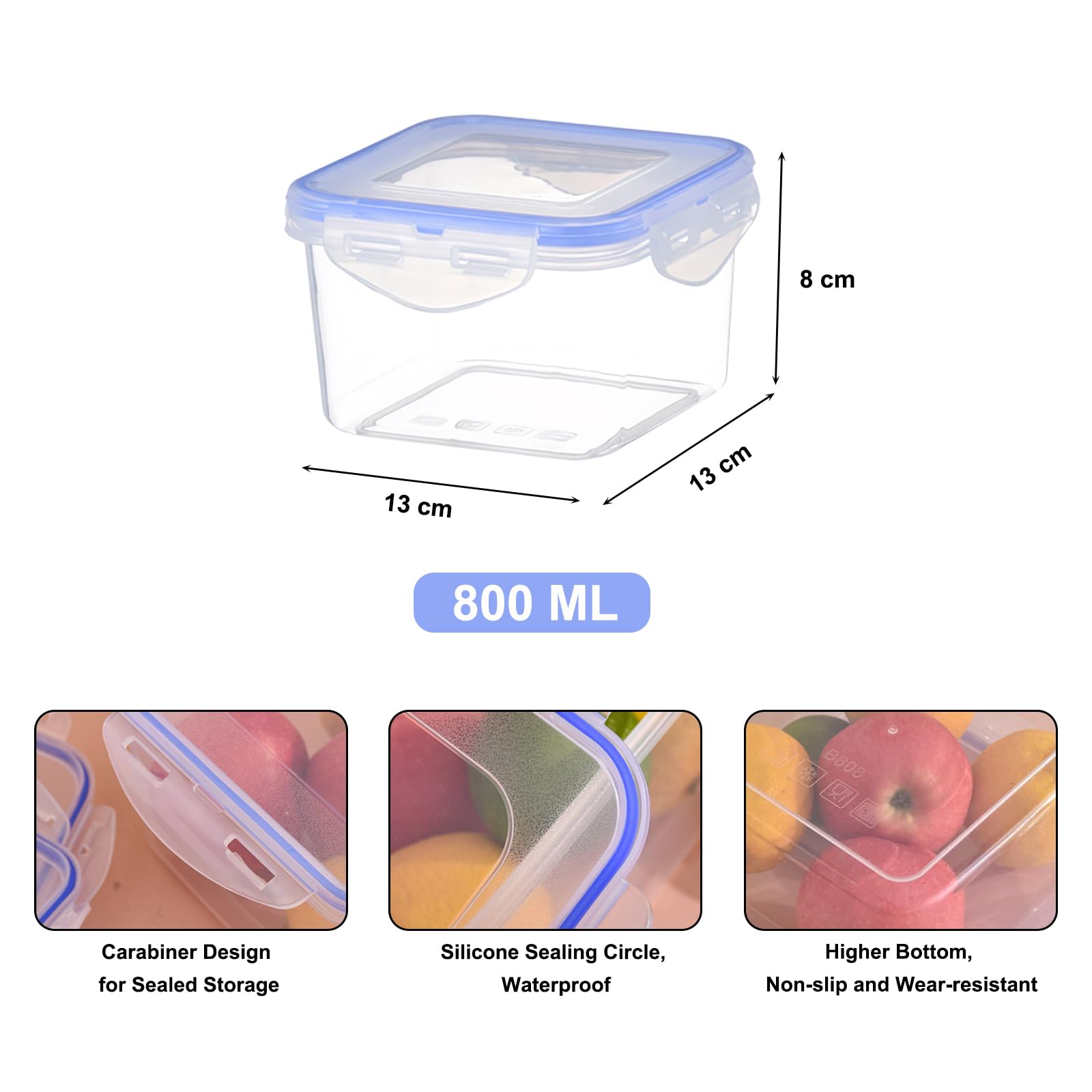 Contenitori Ermetici per Alimenti, 6 Pezzi 800ML Plastica Contenitori Cucina Organizer per Dispensa, Credenza, Senza BPA, a Prova di Perdite (800ml-Quadrato)