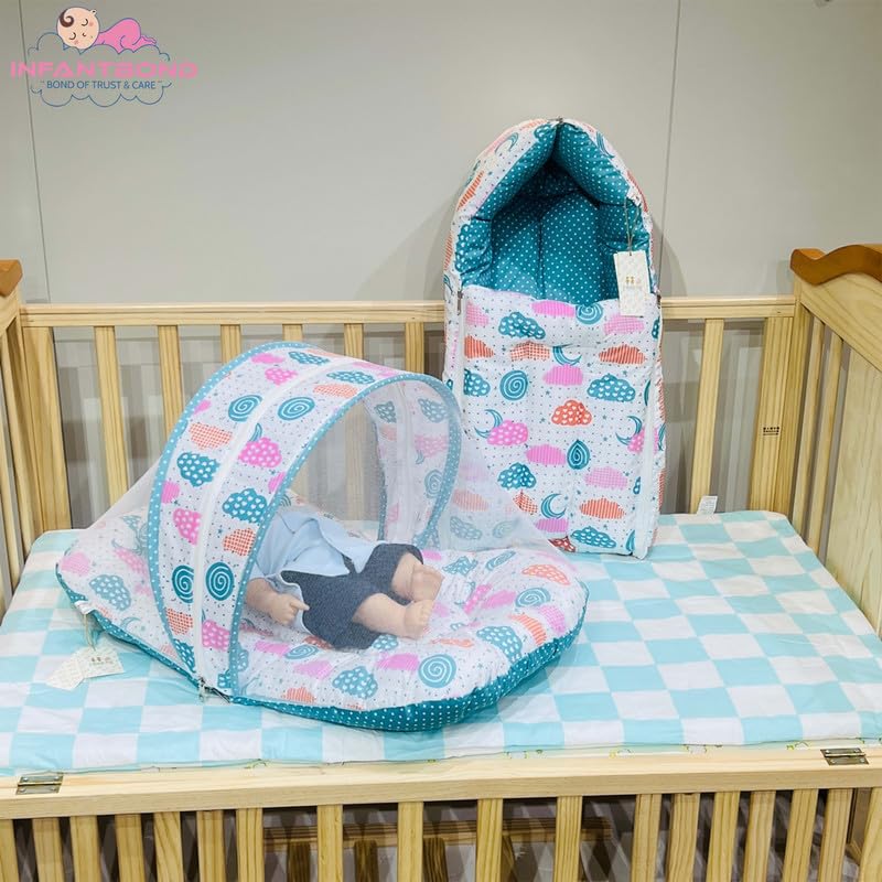Image of Infantbond Mattress with net | Baby Carry Bag | 4 Pcs Bedding Set | Pista Green Sprial (0-6 Months)(Full Set)