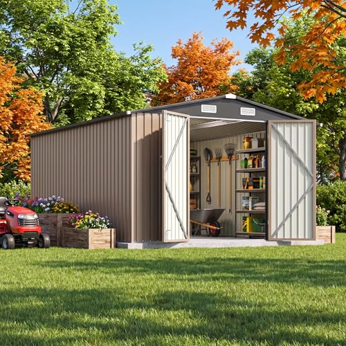 Image of JUMMICO 10x12 FT Outdoor Storage Shed, Heavy Duty Metal Shed with Lockable Door&Slooping Roof, Tool Shed for Garden Backyard Patio(Brown)
