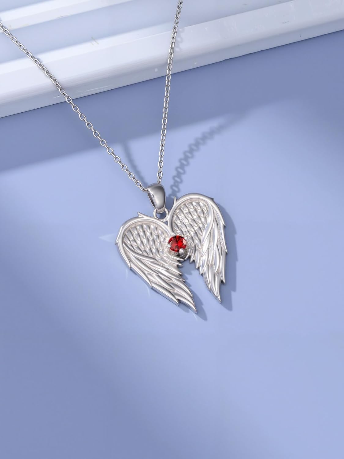 Dorunmo 925 Sterling Silver Angel Wing Heart Necklace, Guardian Angel Birthstone Pendant Jewelry for Women, Valentine's Day Anniversary Birthday Gifts for Her Wife Girlfriend Mom - Image 3