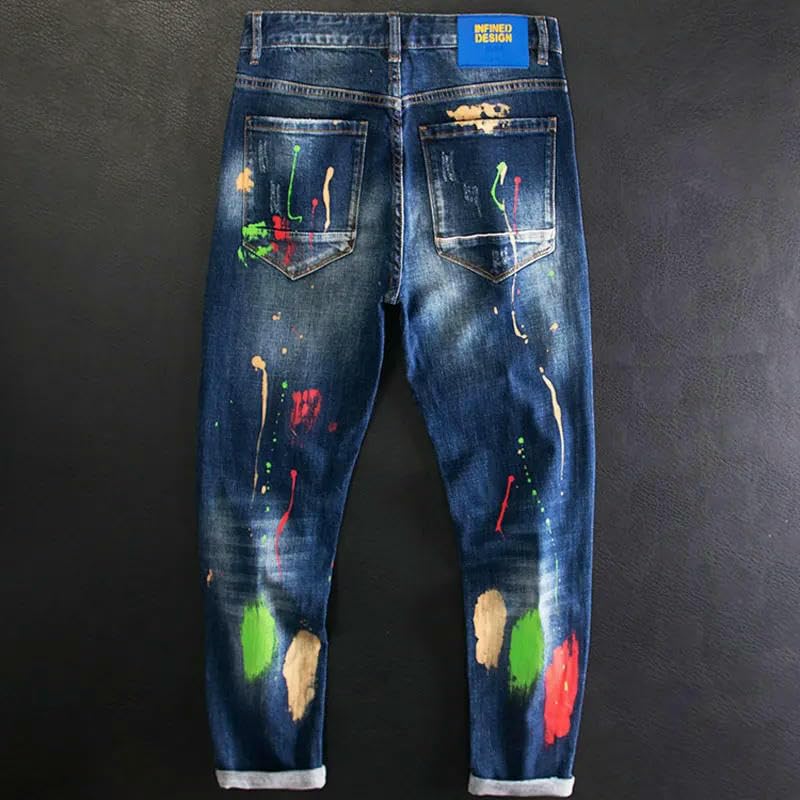 Streetwear Men Jeans Retro Blue Stretch Slim Fit Ripped ​​Trousers Men's Painted Hip Hop Splashed Denim Pants2