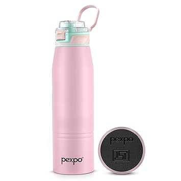 PEXPO Atlas 1000 ISI Certified Stainless Steel Vacuum Insulated Flask - 940ml | Double Wall | Flip Top Cap | Hot & Cold Water Bottle for Adults | Ideal for Home, Office, Gym, Outdoor - Baby Pink - image, photos