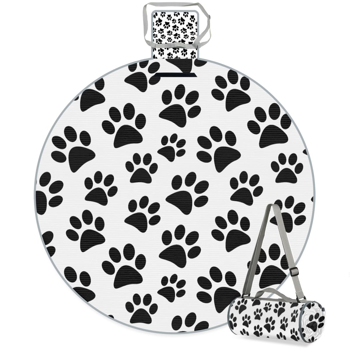 Shimoshe Cute Dog Paw Cat Paw Picnic Outdoor Blanket Foldable Waterproof Sandproof Beach Blanket Portable Water-Resistant Round Picnic Mat for Travel Camping Park Lawn