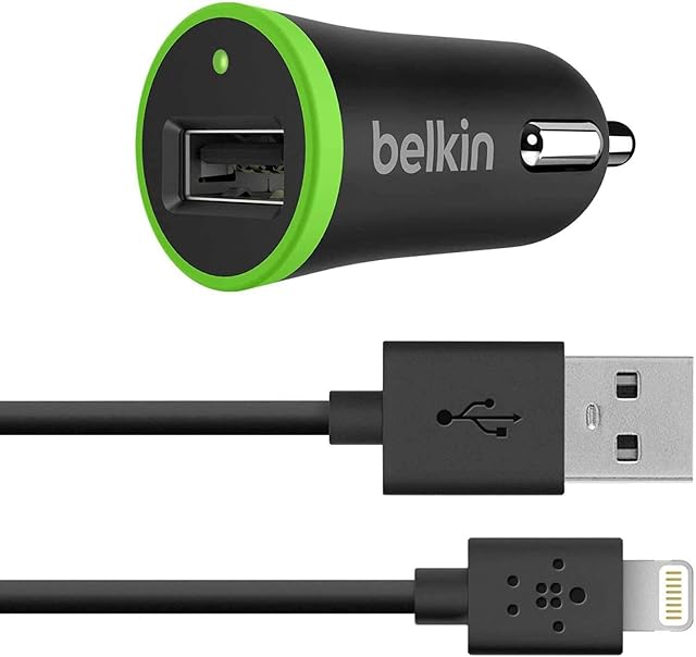 Belkin 3.4 A Lightning Car, Fast Phone Charger with USB for iPhone 11, 11 Pro/Pro Max, XS/XS Max, XR, X, 8/8 Plus, 7/7 Plus, iPhone 6/6s/6 Plus and iPad MFI Approved 40 Percent Faster Charging, Black