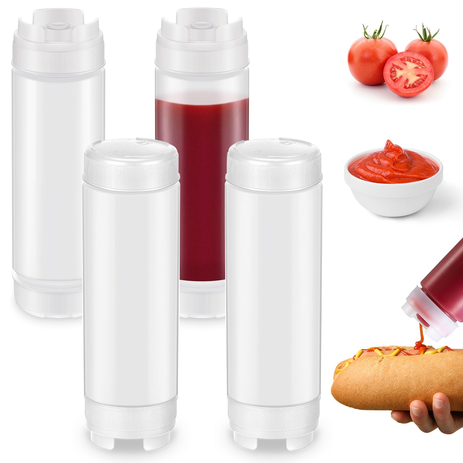 4 Pcs Squeeze Bottles Refillable 20 oz, Inverted Plastic Tip Large Valve Dispenser Condiment Squeeze Bottle for Sauces Ketchup Sour Cream Self Sealing Syrup Dispenser for Restaurants
