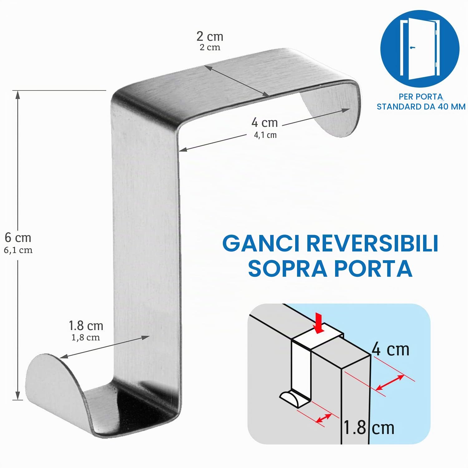 Tatkraft Seger - 6 Ganci per Porte in Acciaio Inossidabile - Reversibili per Ante Standard e Guardaroba e Armario - Fino a 5 kg
