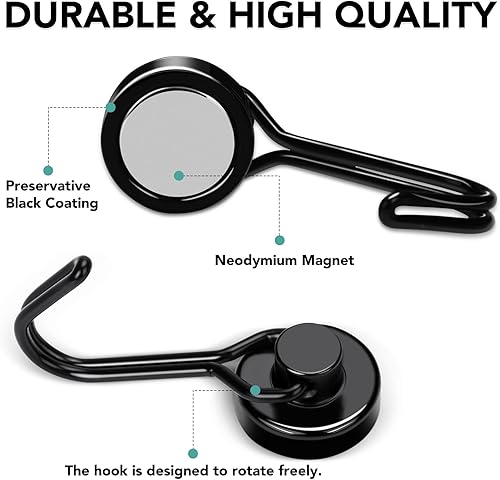 Miniatura 5 de MIKEDE Ganchos magnéticos, ganchos magnéticos de neodimio resistentes de 40 libras, imanes negros con ganchos giratorios para colgar, gancho de