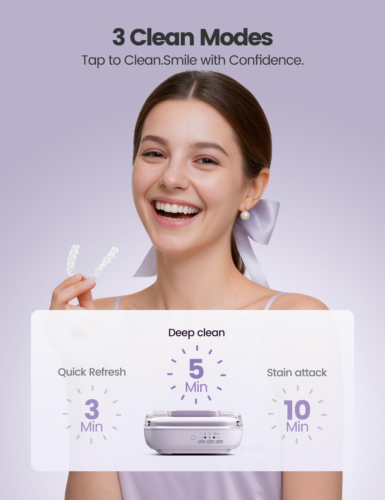 VAYDEER Limpiador Ultrasónico 48 kHz con 3 Modos, Morado | Limpieza ultrasónica portátil para férulas, retenedores, prótesis y joyas con temporizador digital