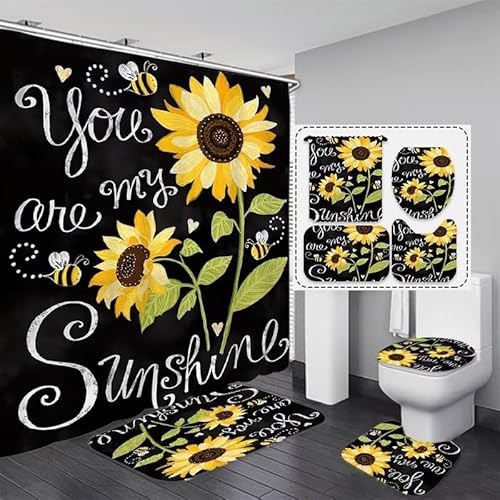 AZHM Sunflower Bathroom Sets Decor with Rugs You are My Sunshine Shower Curtain Sets Accessories 4 Piece with Shower Curtain Non-Slip Rug Toilet Lid Cover and Bath Mat and 12 Hooks