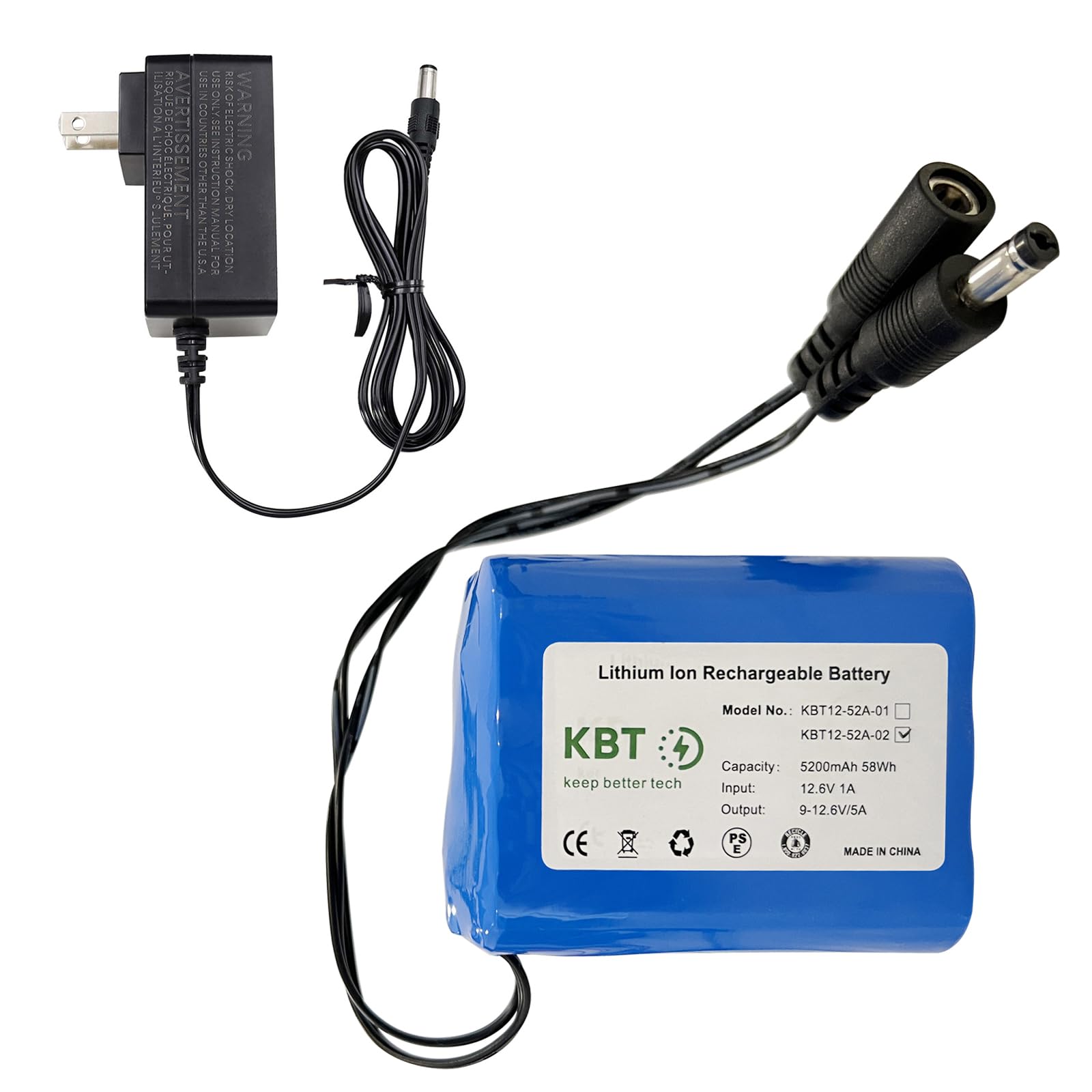 KBT 12V 5200mAh Rechargeable Li-ion Battery, DC5521 Male Connector, Replacement Battery Pack with Charger for 12V Devices RC Car, Boat, Robotic, DIY, LED Light Strip, CCTV Camera