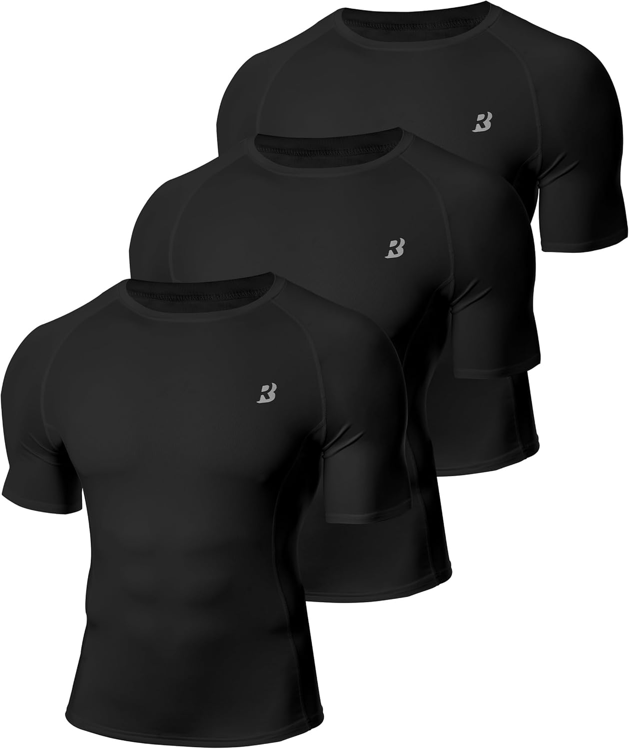 Roadbox Mens Compression Shirt Short Sleeve, 3 Pack Cool Dry Workout Base Layer Undershirts, Athletic T-Shirt for Gym Sports