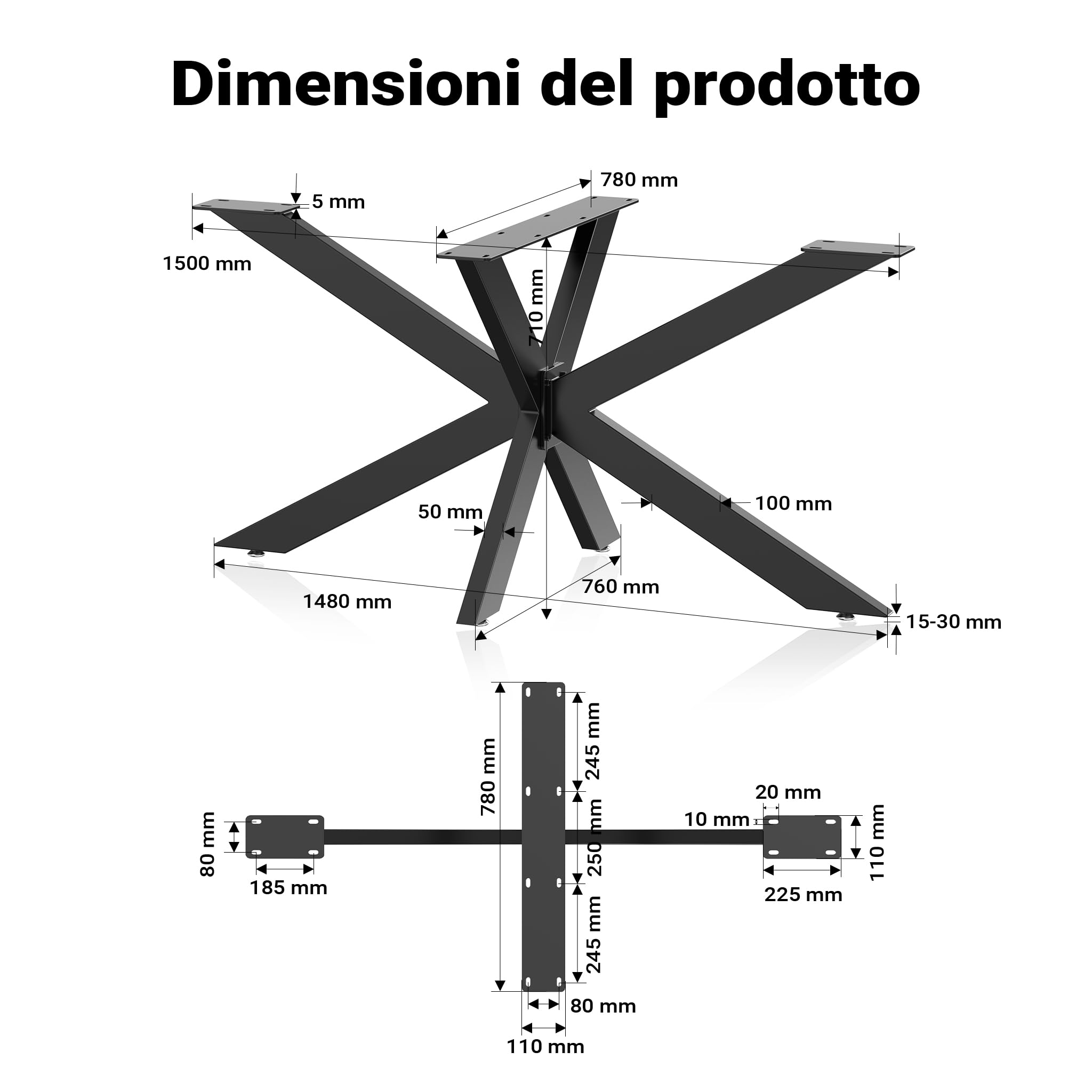 XPOtool Telaio tavolo a gambe incrociate in acciaio 71x78x150cm nero struttura tavolo a ragno
