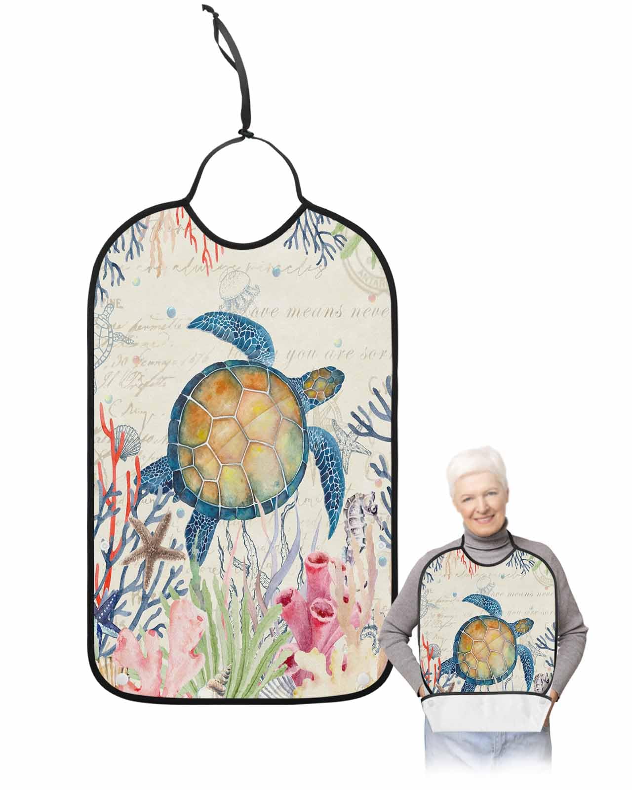 LEOKOTI Sea Turtle Adult Bibs for Eating, Waterproof Bibs with Food Catcher & Adjustable Snap Closure, Retro Coral Summer Beach Nautical Coastal Washable Clothing Protectors Adult Bibs for Elderly