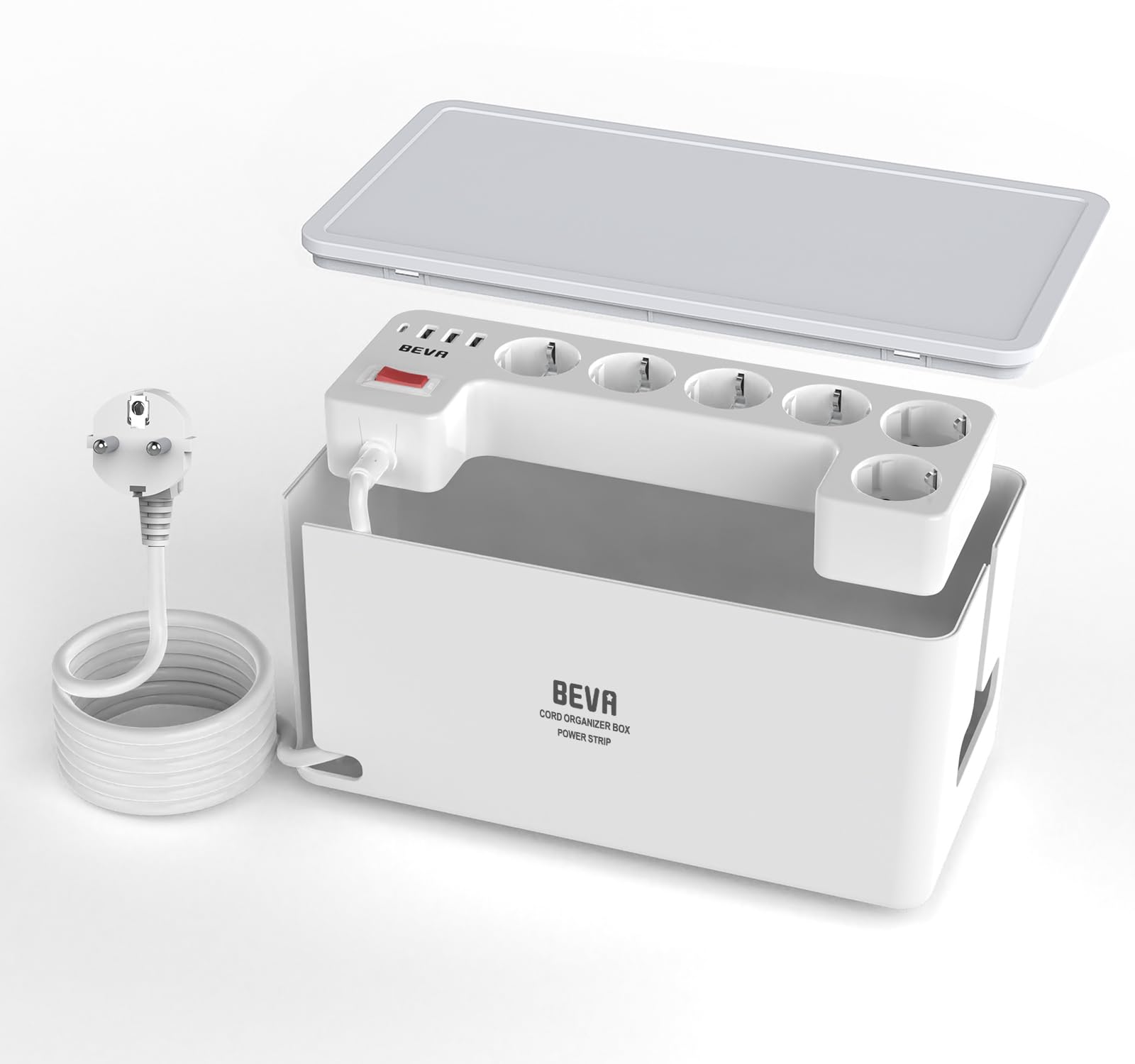 BEVA Skrzynka Kablowa Z Listwą Zasilającą 3680 W / 16 A, 1050 J Listwa Zasilająca Z Ochroną Przeciwprzepięciową, Power Strip z 6 Gniazdami + 3 USB‑A + 1 USB‑C, Z Wyłącznikiem, 2M Kablem, Biały
