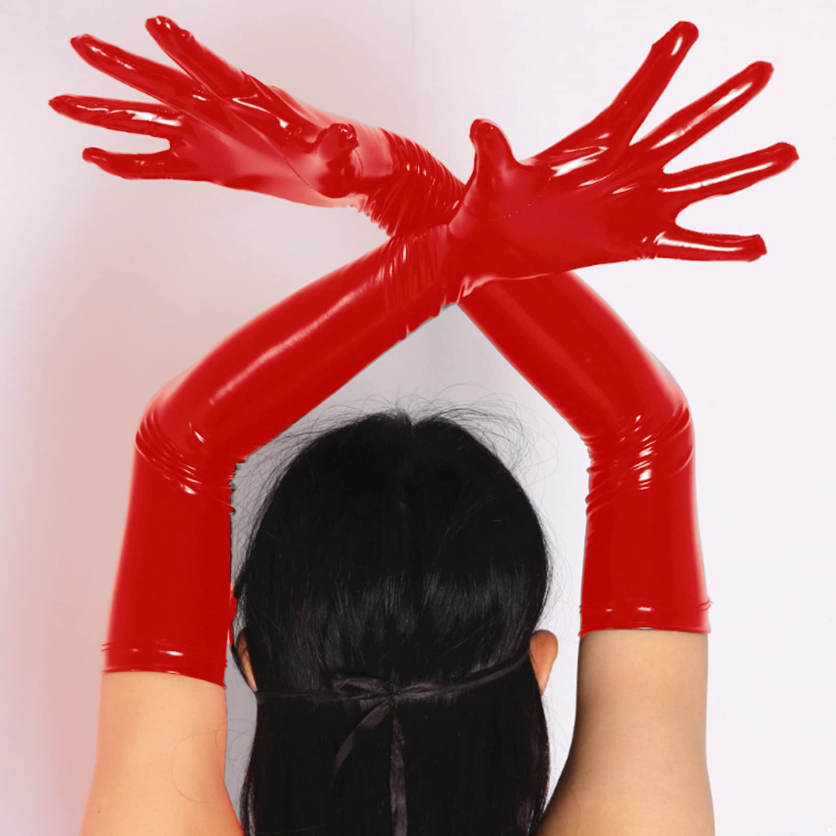 Doomiva Wetlook Wetlook - Guanti lunghi da donna, in ecopelle, da sera, per adulti, per feste, T rosso., S