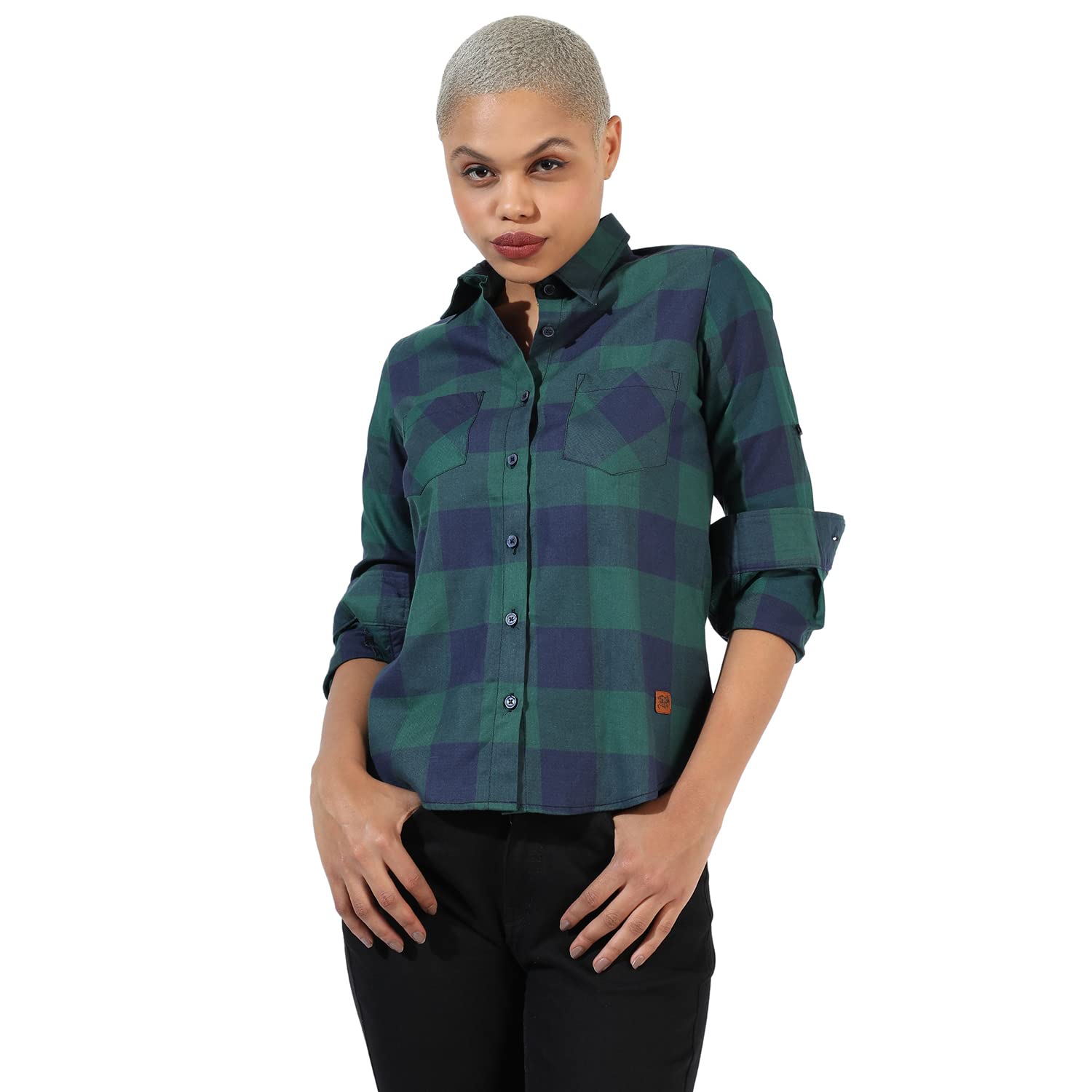 Campus Sutra Women's Tartan Plaid Button Up Regular Fit Shirt for Casual Wear | Spread Collar | Long Sleeves | Cotton Shirt Crafted with Regular Sleeve & Comfort Fit for Everyday Wear in neutral
