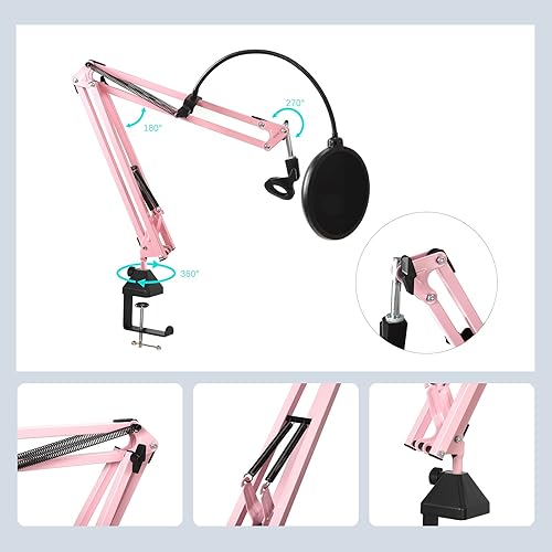 Miniatura 7 de Soporte de micrófono rosa, tijera de suspensión con brazo de brazo de micrófono con montaje de choque, abrazadera de escritorio mejorada para hielo