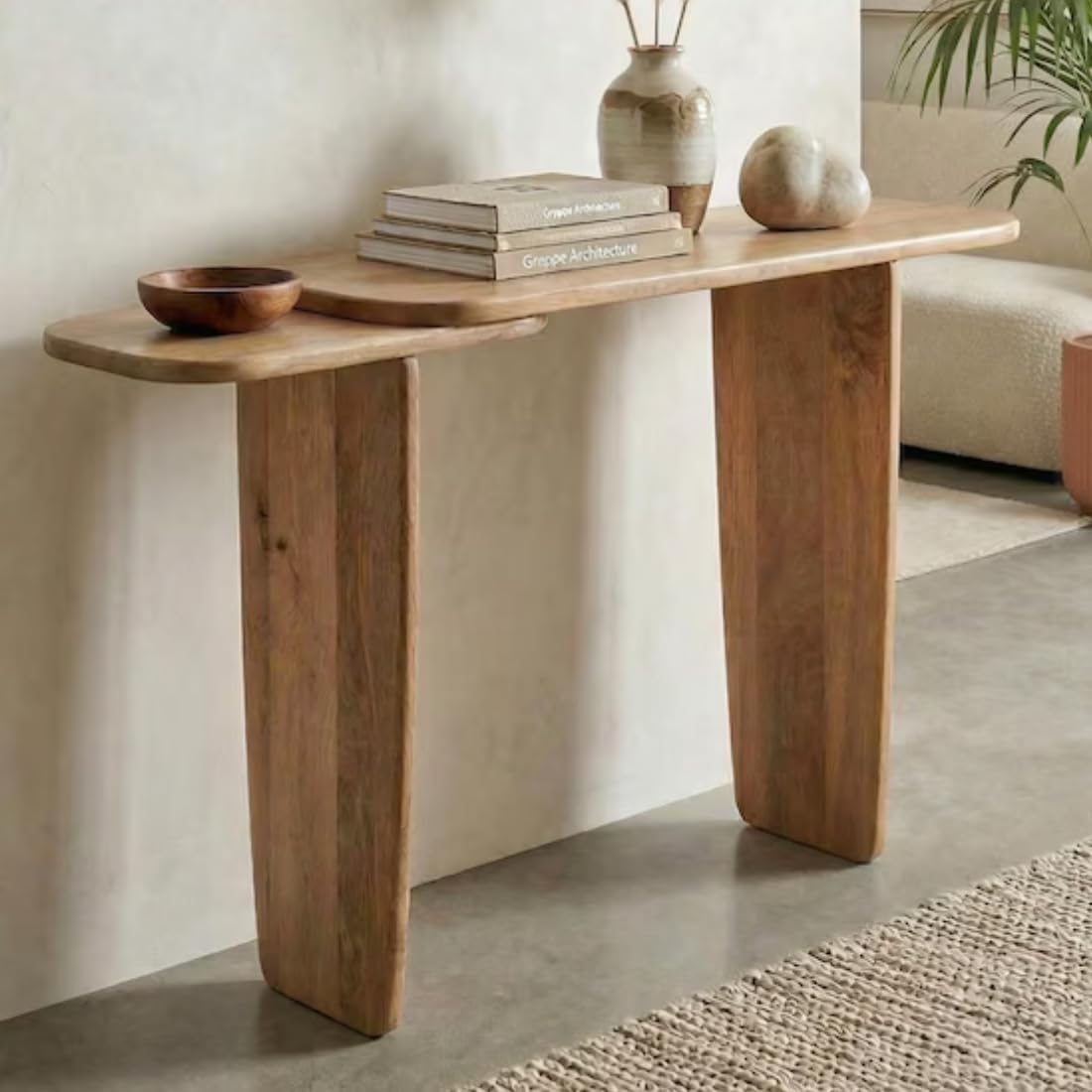 Wooden Expert Dual-Tier Console Table Modern Solid Wood for Entryway, Living Room & Hallway | Minimalist Rustic Sofa Table with Rounded Edges