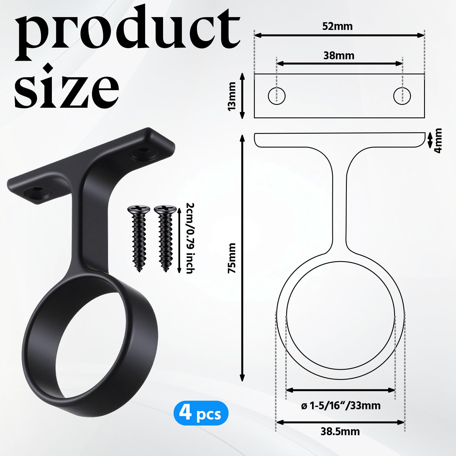 LEIFIDE Lot de 4 tringles rondes de 4,8 cm de diamètre pour penderie, support central suspendu avec vis d'installation, tringle à rideau, support de plafond pour armoire de maison (noir)