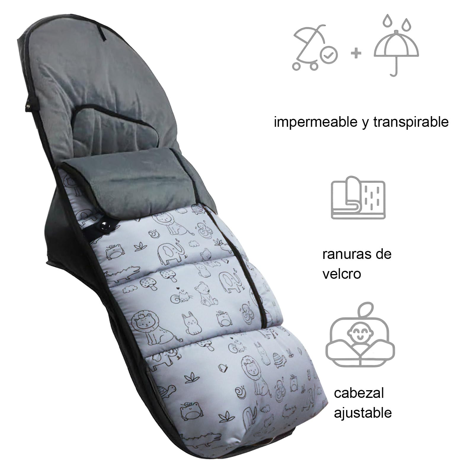 Various - Saco de Silla de Paseo Universal Impermeable con Forro de Polar Térmico, Saco Invierno Silla Paseo Resistente y Transpirable,Saco de Abrigo Carritos,Color Gris Animales