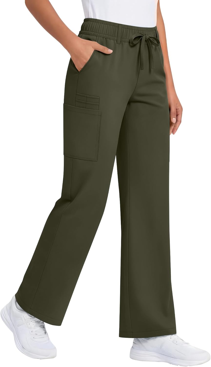 Oakgarden Women's Scrubs Pants Medical Mid Rise Cargo Pants with 6 Pockets Straight Wide Leg Drawstring Stretch Scrub Bottoms