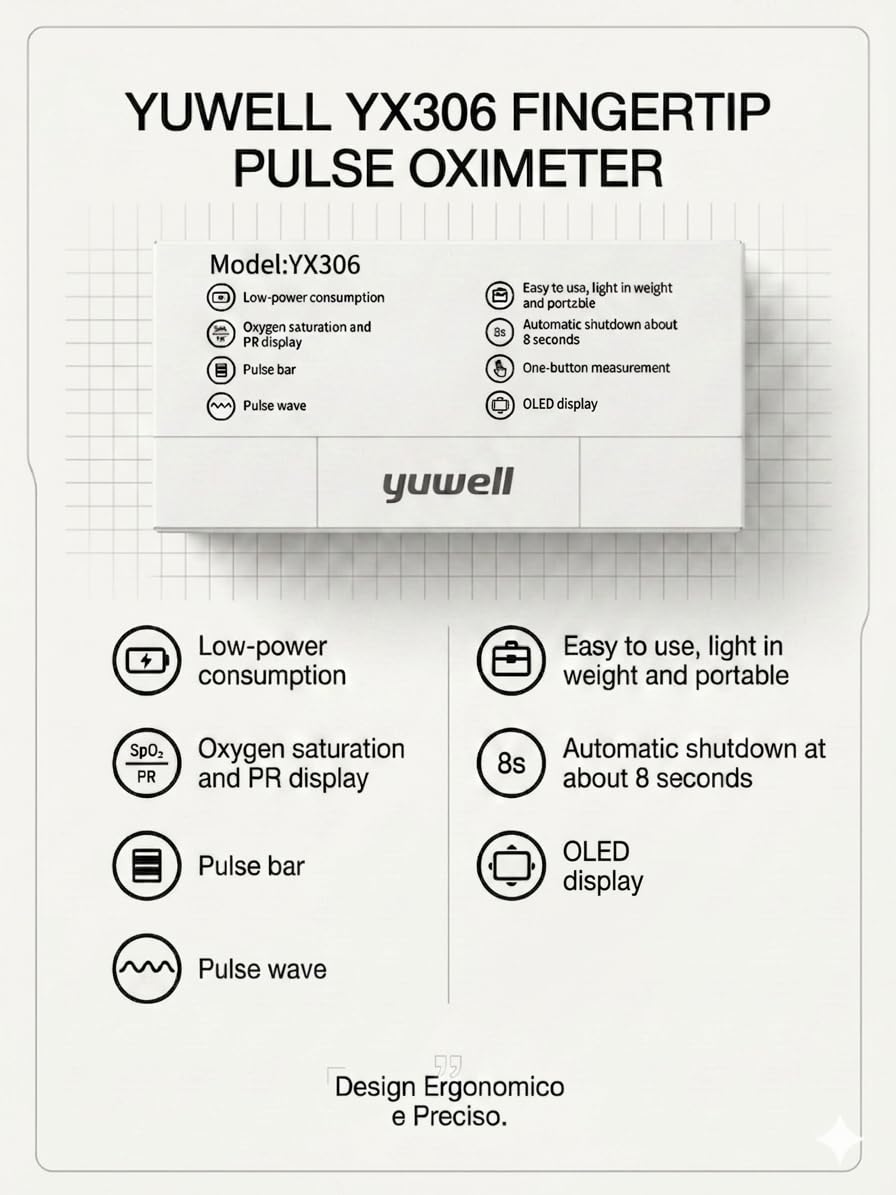 Saturimetro Da Dito Professionale Certificato, Ad Alta Precisione Per Misurare SpO₂, Frequenza Cardiaca, Indice Di Perfusione E PPG, Con Allarme, Uso Domestico E Clinico; Modello: YX306