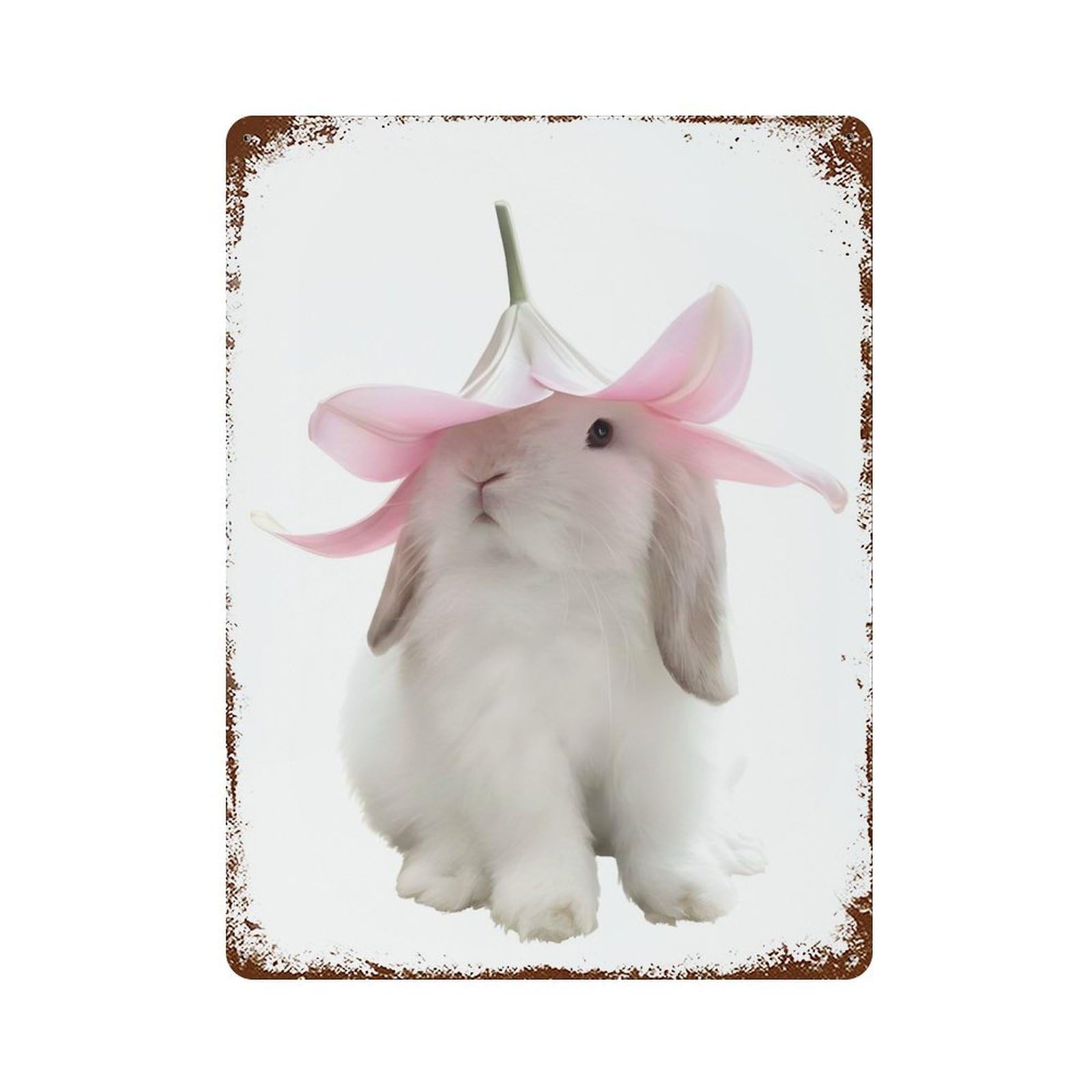Retro Metal Sign with Cottagecore Bunny with Flower Hat Design 15.7"x11.8", for Bistro, Counter And Cafe Decor, Shabby Chic Decor