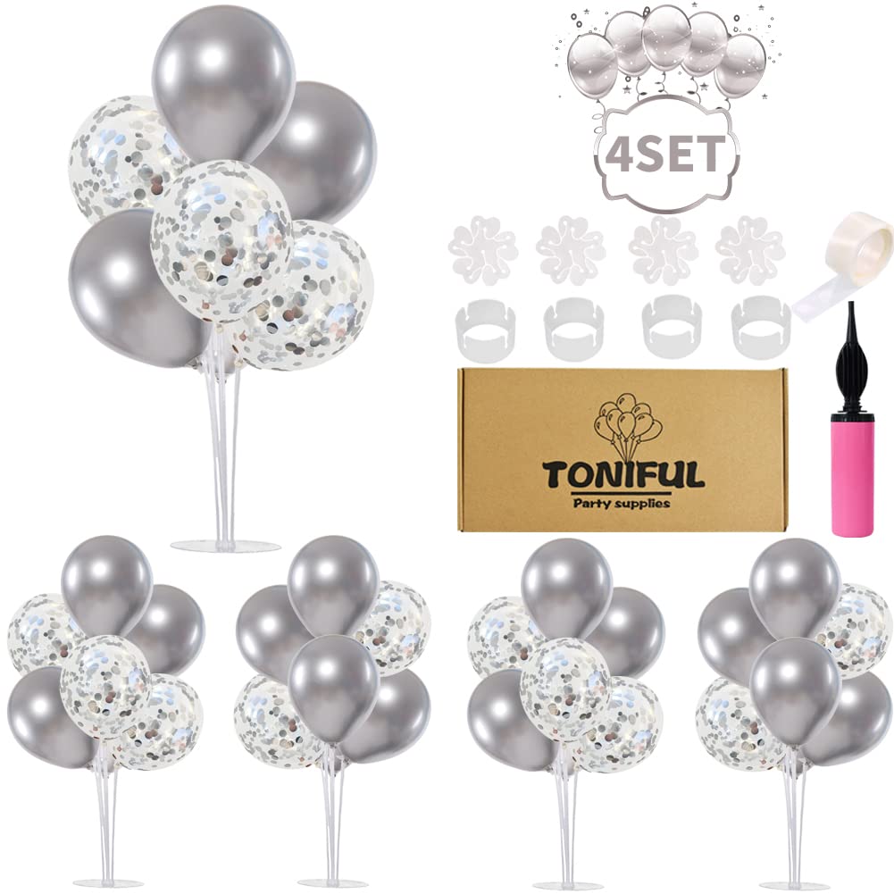 Balloon Stand Kit 4 Sets for Table Centerpieces Include 32 Pcs Silver Latex Confetti Balloons for Birthday,2026 Graduation, Retirement, Table Party Decor(The Product is for Ages18 and Up Only)