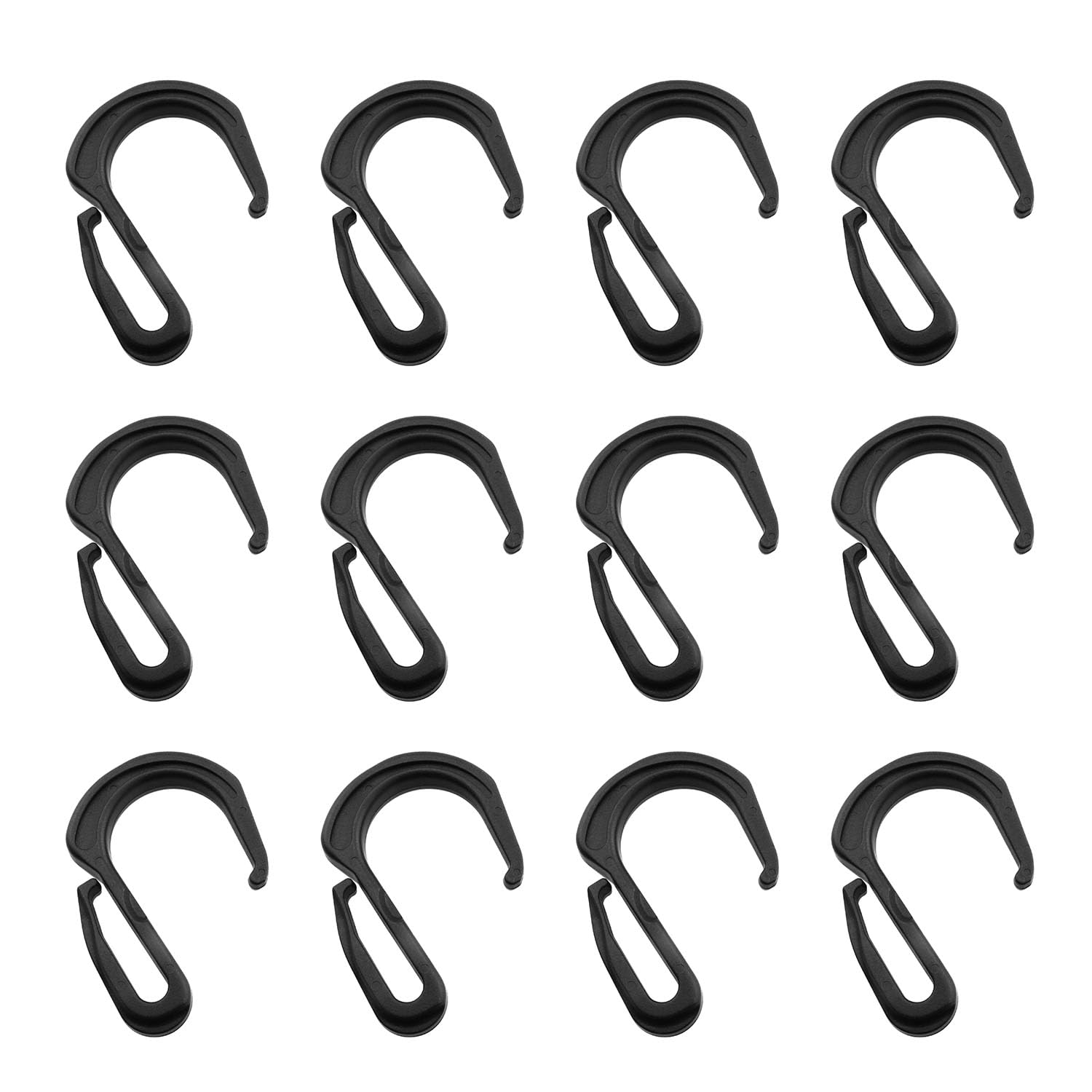 JCBIZ 12PCS Black Plastic Elastic Cord Hook Elastic Rope Hook Black Color Bungee Cord Hooks for Truck Net, Bungee Net, Cargo Net, Garage and General Outdoor Equipment