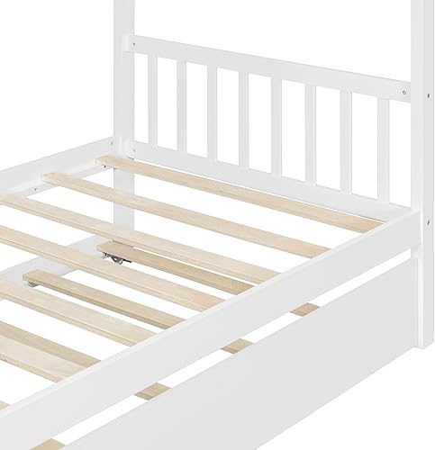 Miniatura 76 de Cama individual de casa con nido para niños, cama individual de madera con techo, marco de cama de plataforma de tamaño individual, cama con dosel