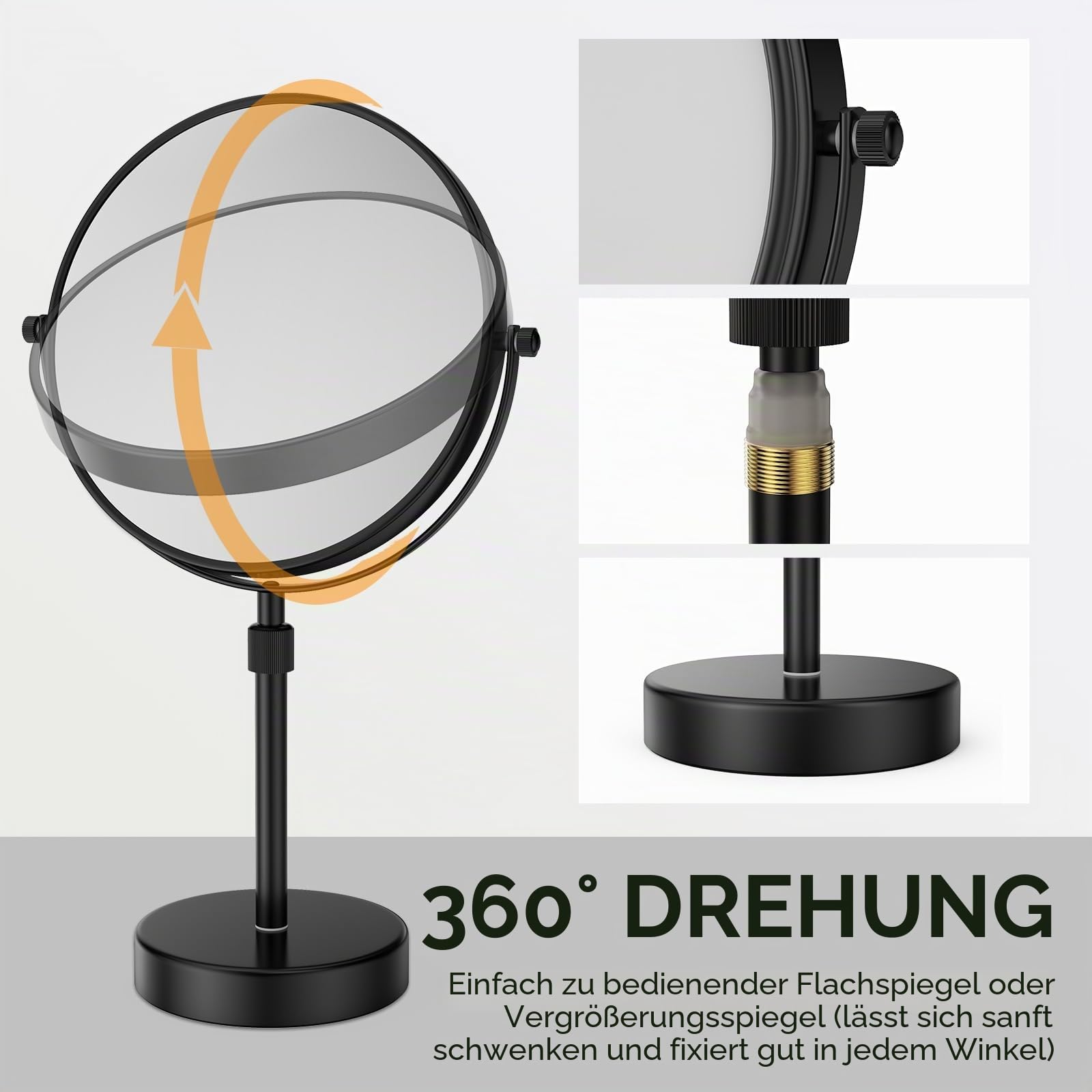Nicesail Kosmetikspiegel Höhenverstellbar Schwarz Schminkspiegel Stehend 10x Rasierspiegel mit Vergrößerung,Durchmesser 20cm