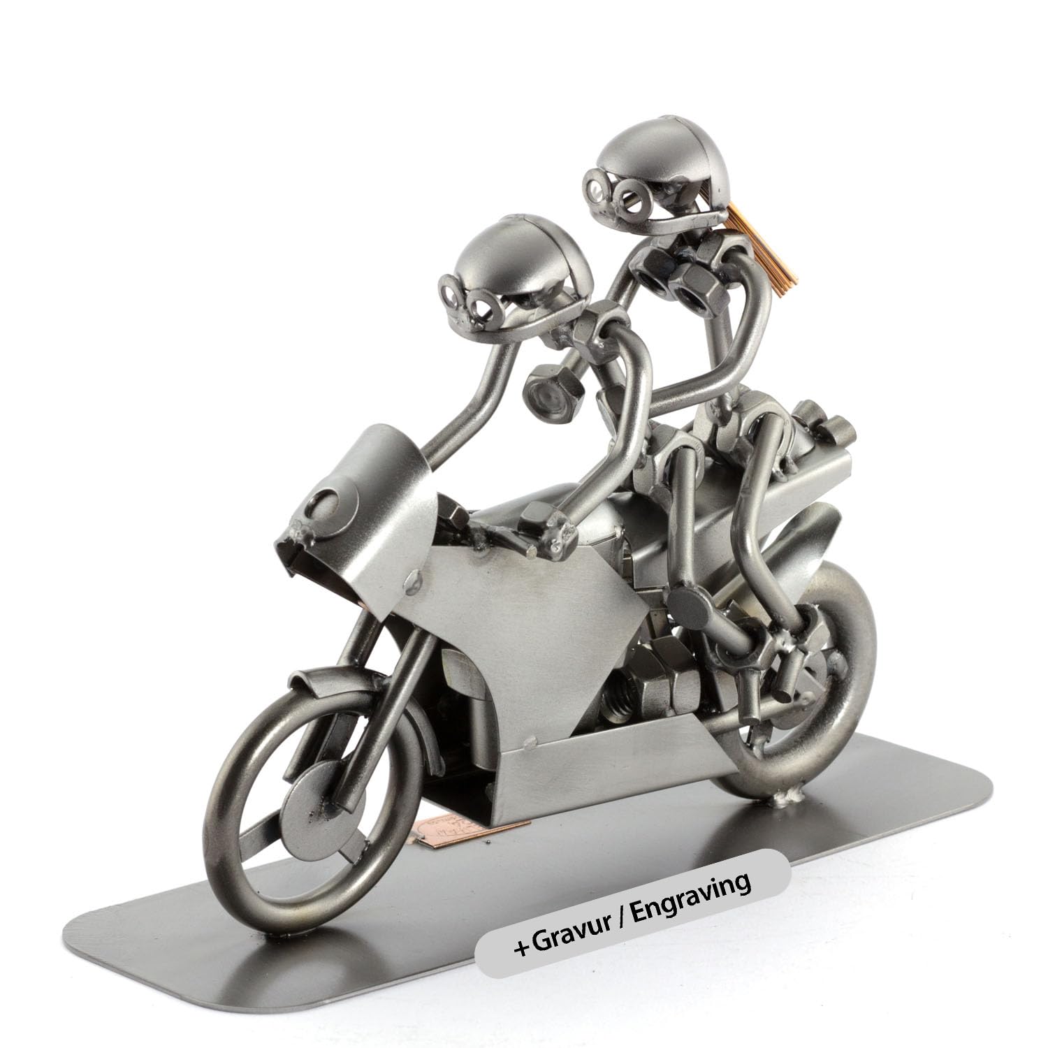 Steelman24 I Omini di Viti Coppia in Motocicletta da Corsa con Piastra di Incisione Personale I Idee Regalo Originale I Soprammobili in Metallo