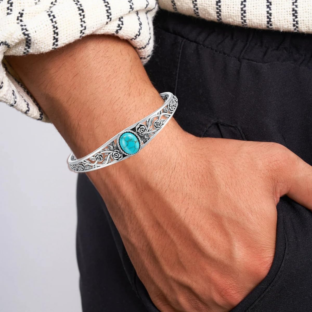 Genuine Turquoise Cuff Bracelet for Women, Sterling Silver Western Vintage Floral Bangle Native American Jewelry, For 6.5-7.5 Inch Wrists - Image 2