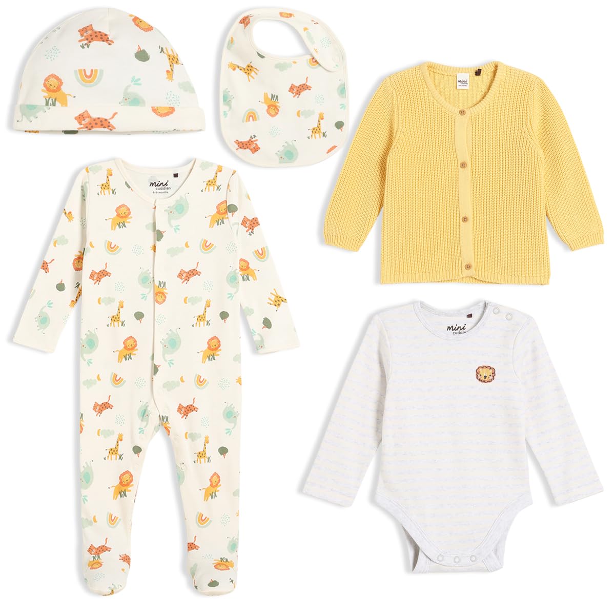 MINI CUDDLES Baby Unisex 5pk Gift Set with Cardigan, Multicolour (3-6M)