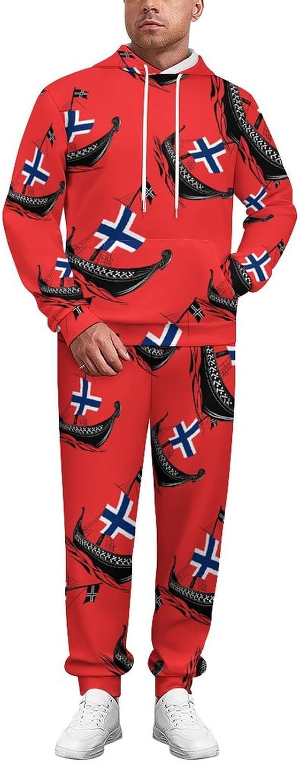 Boat Norwegian Flag Vikingship Men's Hooded Set Casual 2 Pieces Suits Pullover Tracksuit Hoodies And Sweatpants